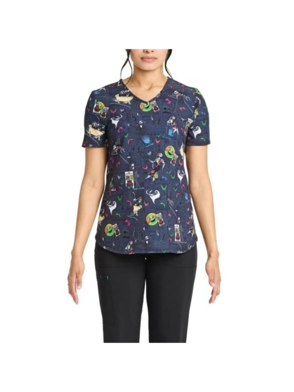 Disney The Night Before Christmas Women’s V-Neck Scrub Top Halloween NWT